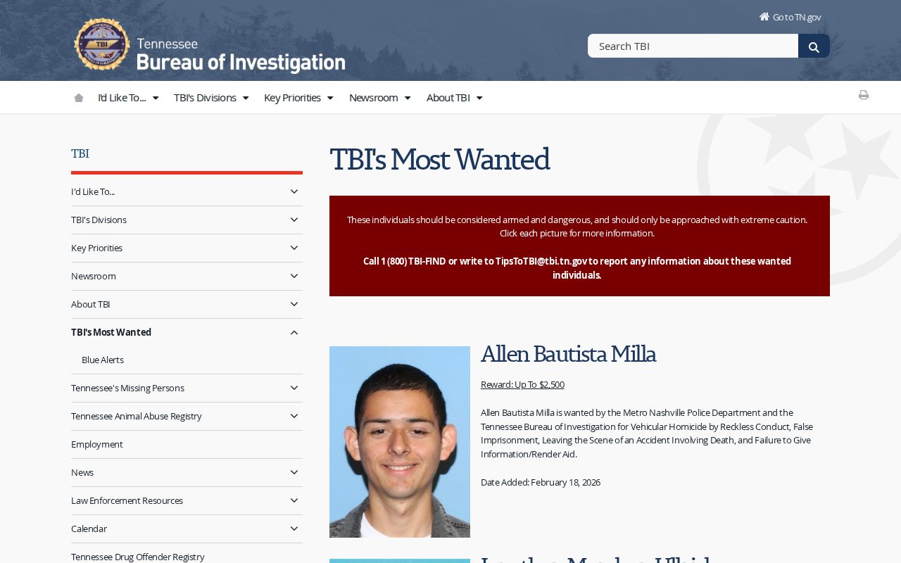 Rutherford County most wanted warrant records reference to TBI criteria and tip information